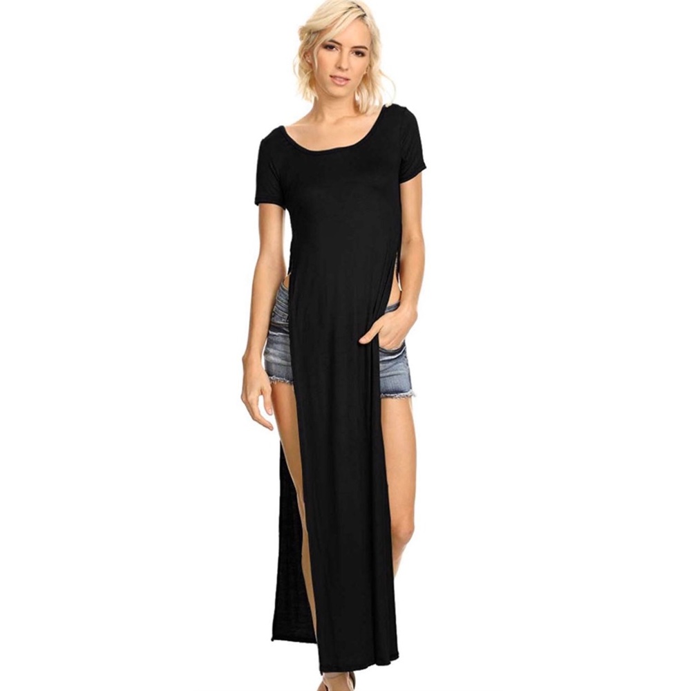 Long T-Shirt Dress w/ Split Sides Black SZ S